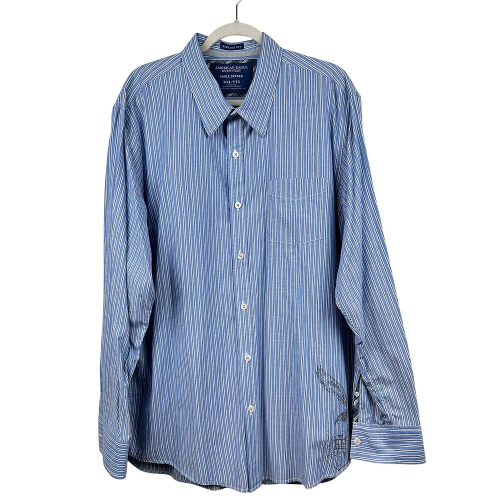 American Eagle Button Up Oxford Shirt Striped Long Sleeve Vintage Fit Blue XXL